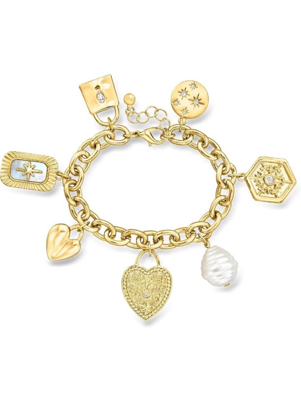 14kt Yellow Gold-Plated Charm Bracelet with Simulated Gemstones & Pearl, 7